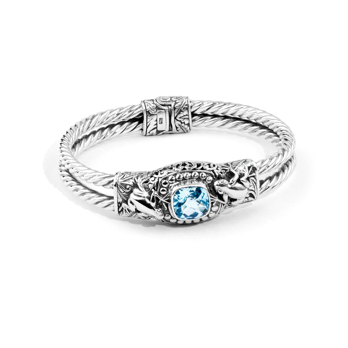 Balinese Twin Frog Sterling Silver Cable Cuff Bracelet with Blue Topaz Gemstone