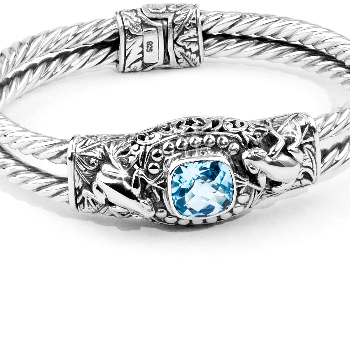 Balinese Twin Frog Sterling Silver Cable Cuff Bracelet with Blue Topaz Gemstone