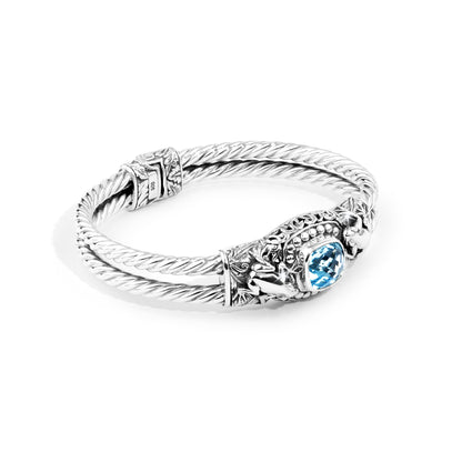Balinese Twin Frog Sterling Silver Cable Cuff Bracelet with Blue Topaz Gemstone