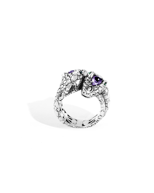 Twin Snake Amethyst Silver Ring with Green Gemstone Accents
