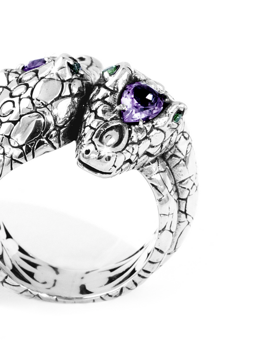 Twin Snake Amethyst Silver Ring with Green Gemstone Accents