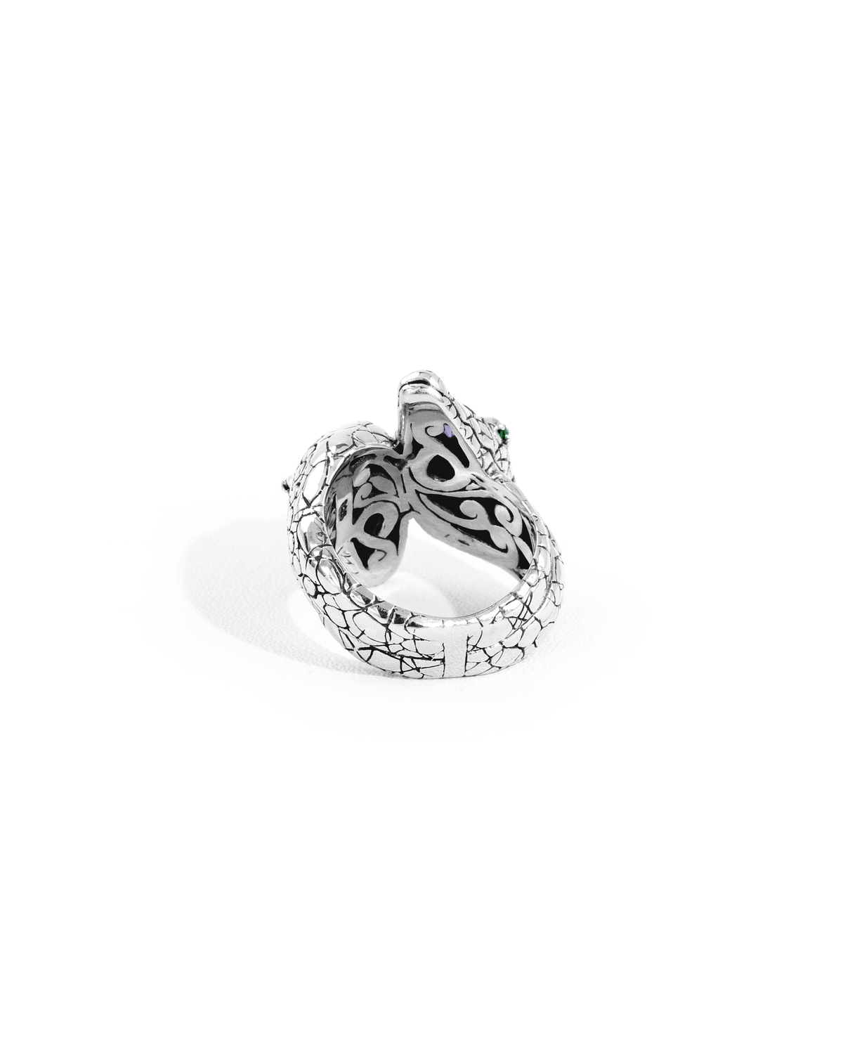 Twin Snake Amethyst Silver Ring with Green Gemstone Accents