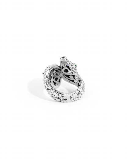 Twin Snake Amethyst Silver Ring with Green Gemstone Accents