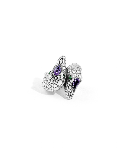 Twin Snake Amethyst Silver Ring with Green Gemstone Accents