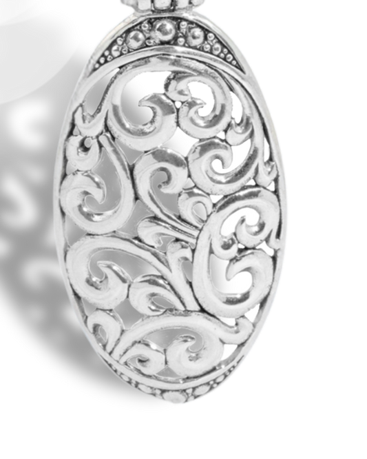 Balinese Oval Scrollwork Sterling Silver Pendant with Openwork Carving